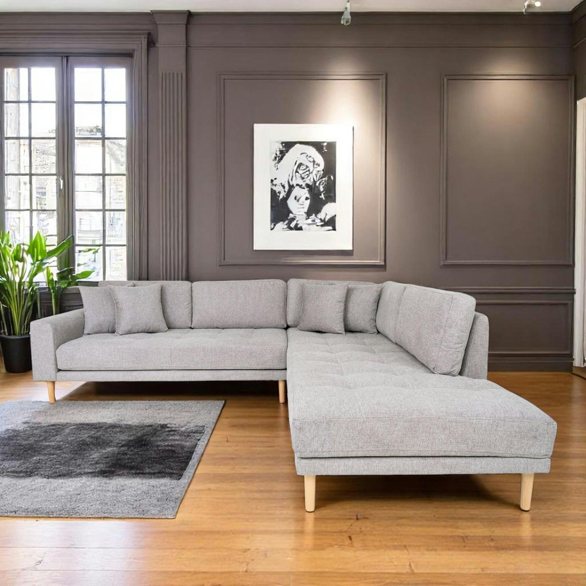 Canapé d'angle en tissu avec coussins AMSTERDAM gris clair - méridienne droite, PIER IMPORT