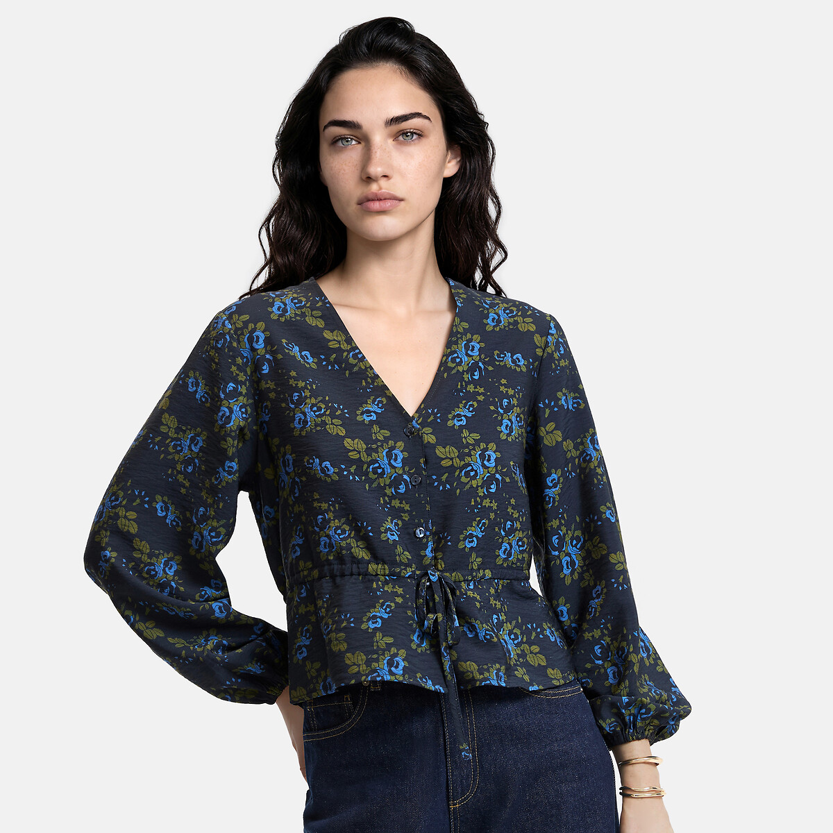 Floral Print Long Sleeve V-Neck Blouse floral print/navy background, LA REDOUTE COLLECTIONS