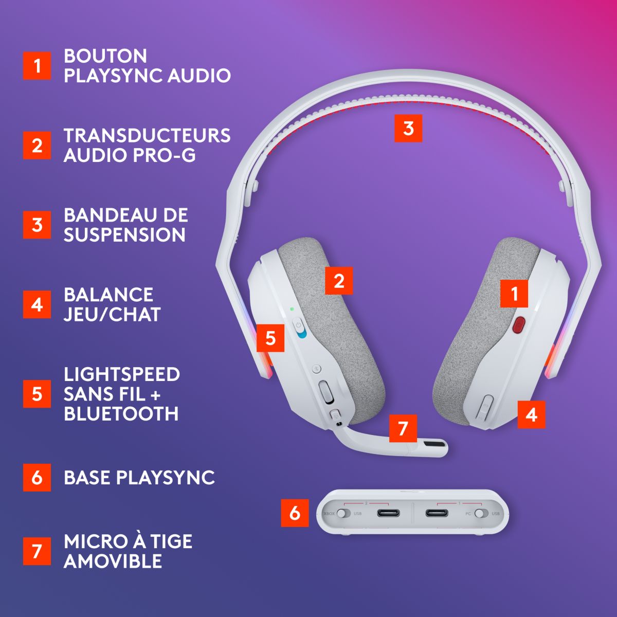 Casque gamer A20X Blanc + base couleur unique, LOGITECH