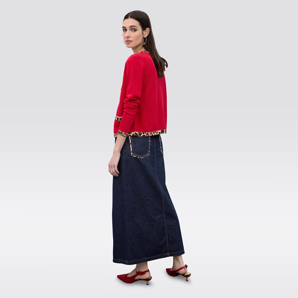 Cardigan boutonné à finitions léopard rouge foncé, LOLA CASADEMUNT