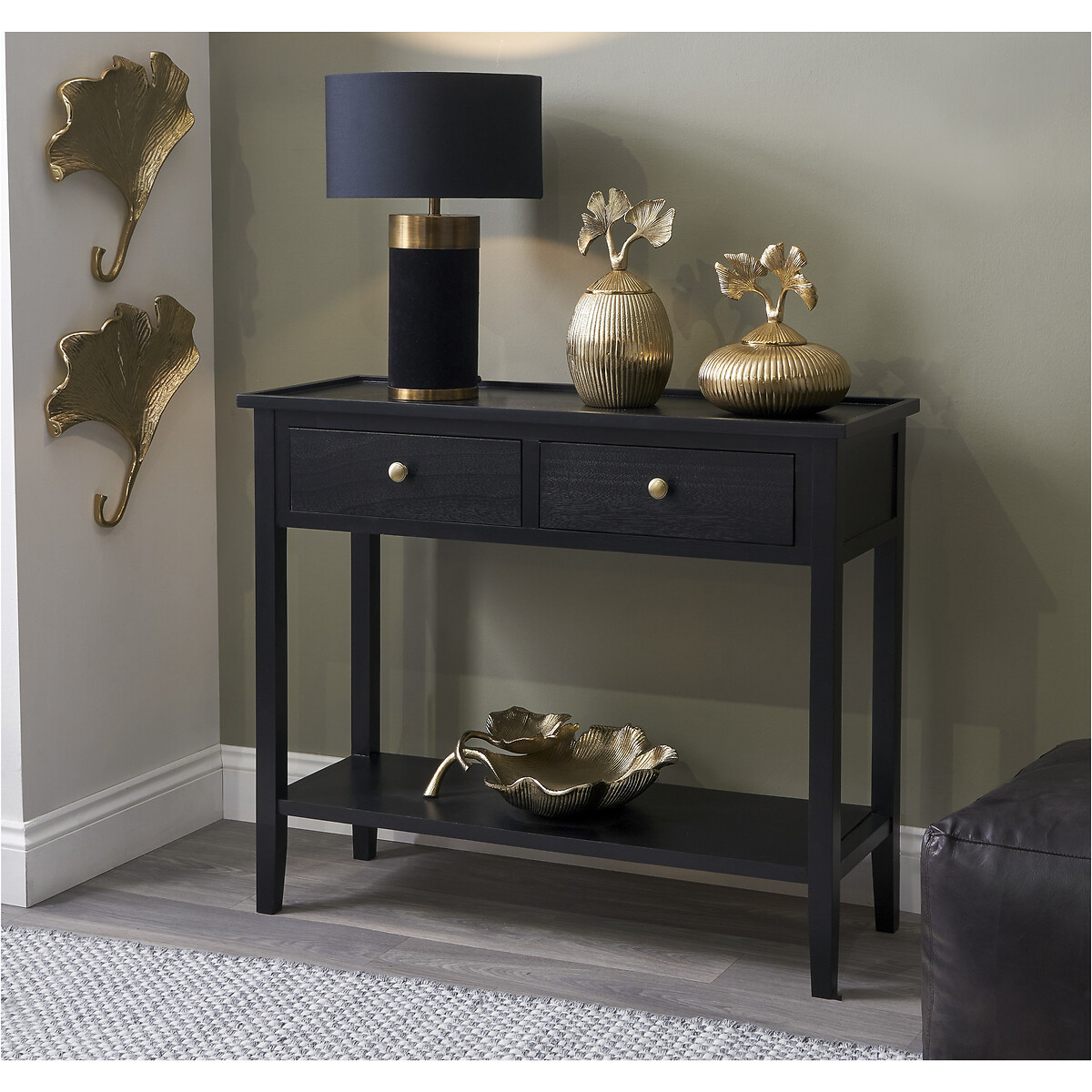 Luxe Pine Wood 2 Drawer Console Table black, SO'HOME
