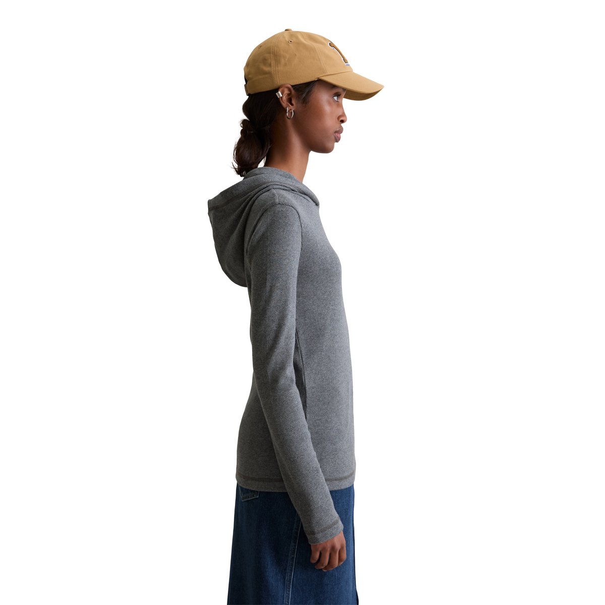 T-shirt long à capuche slim en jersey côtelé doux gris, MARC O’POLO DENIM