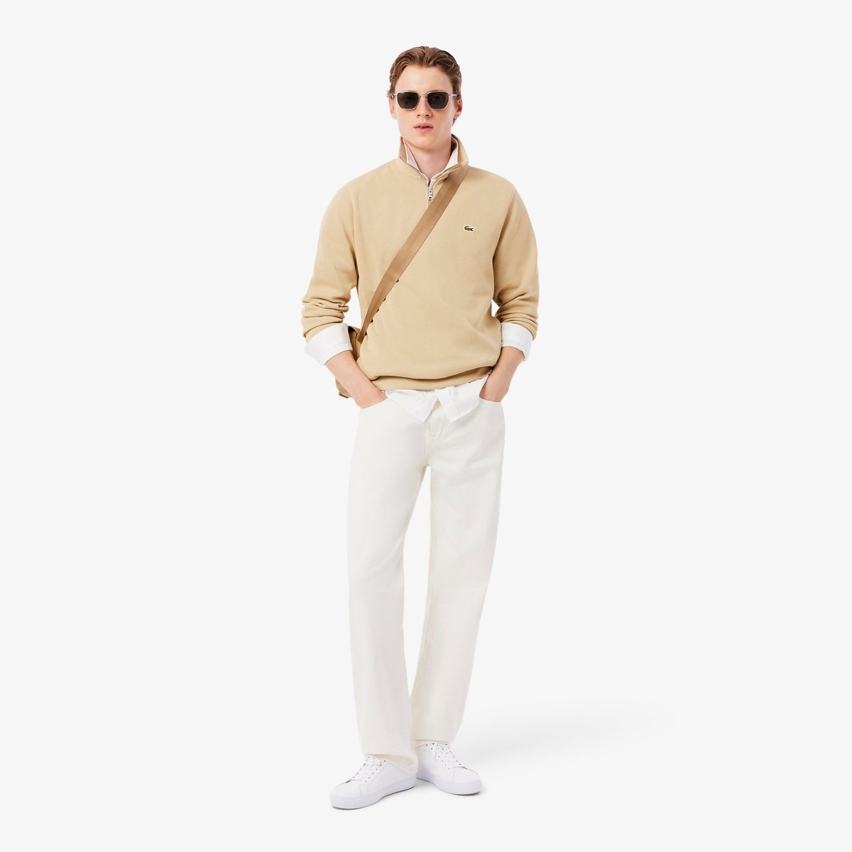 Sweatshirt zippé interlock col montant beige-8xf, LACOSTE