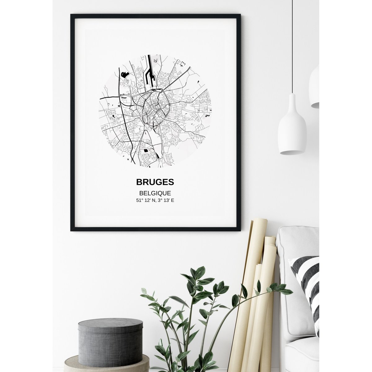 Affiche Carte Bruges blanc, L'AFFICHERIE