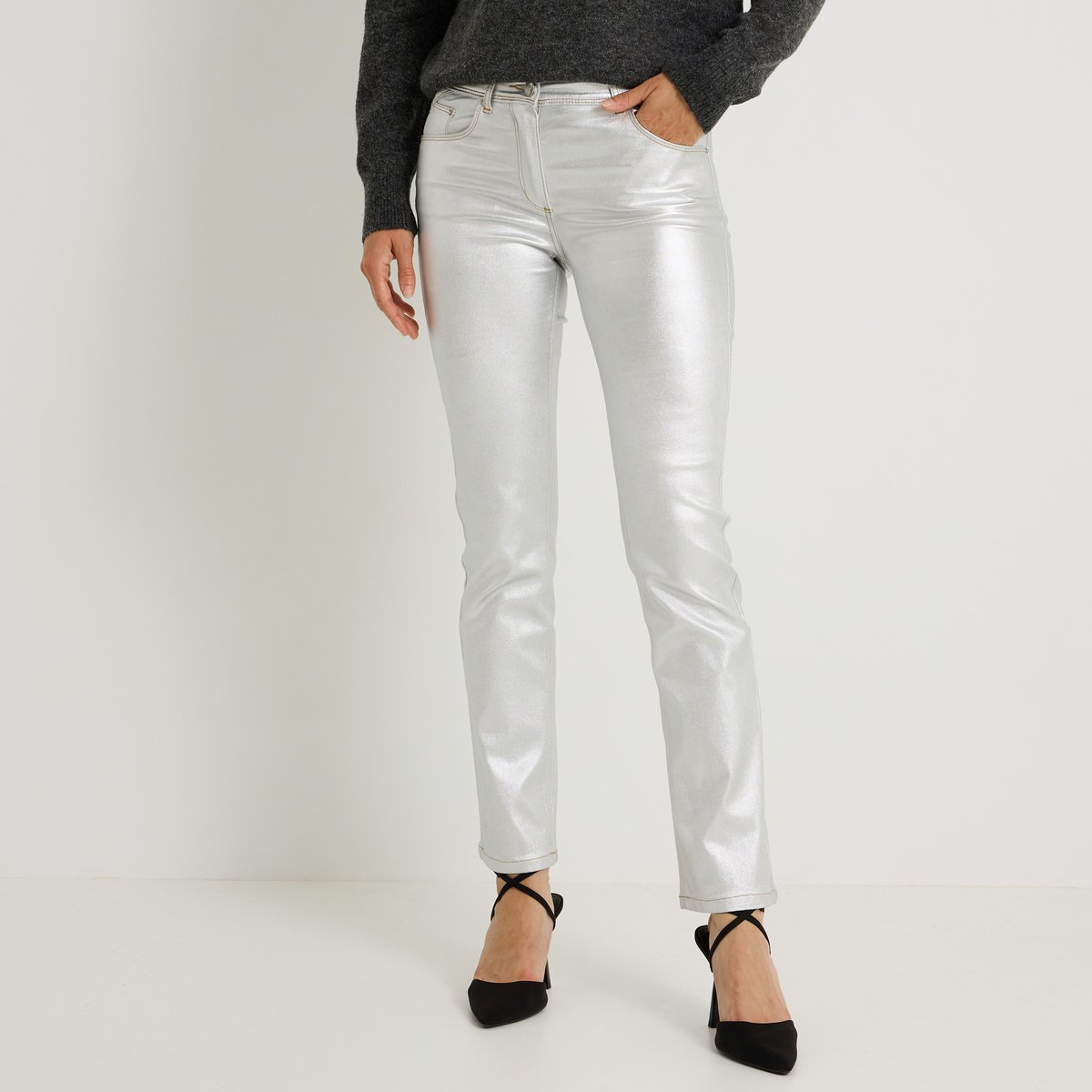 Jean droit enduit ESTELE gris argenté, GRAIN DE MALICE