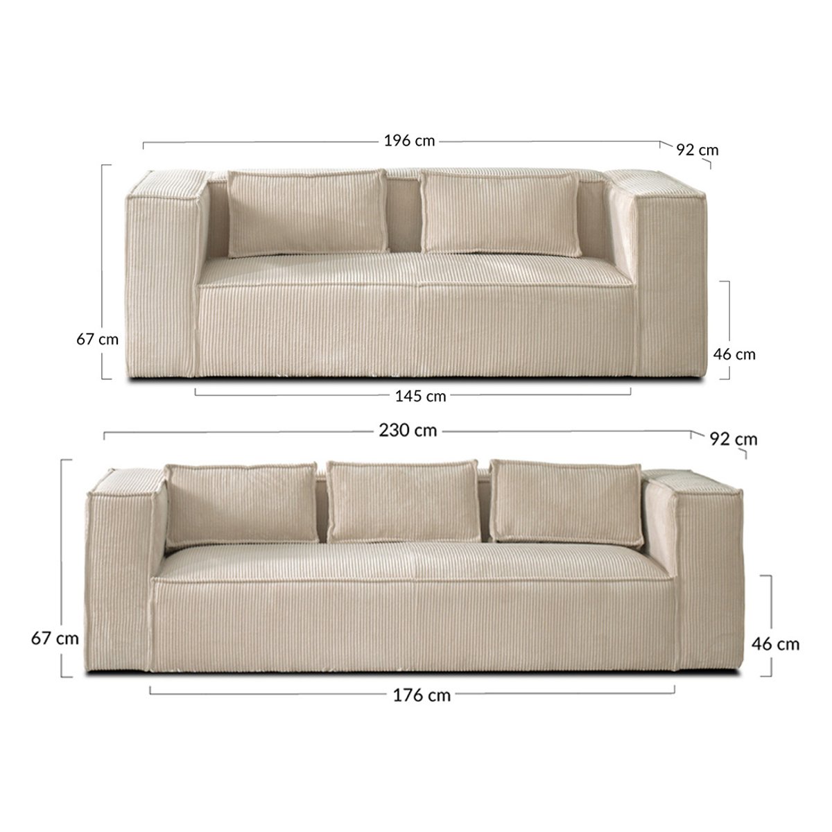 Stella - Ensemble de canapés droits 2+3 places velours côtelé beige, LISA DESIGN