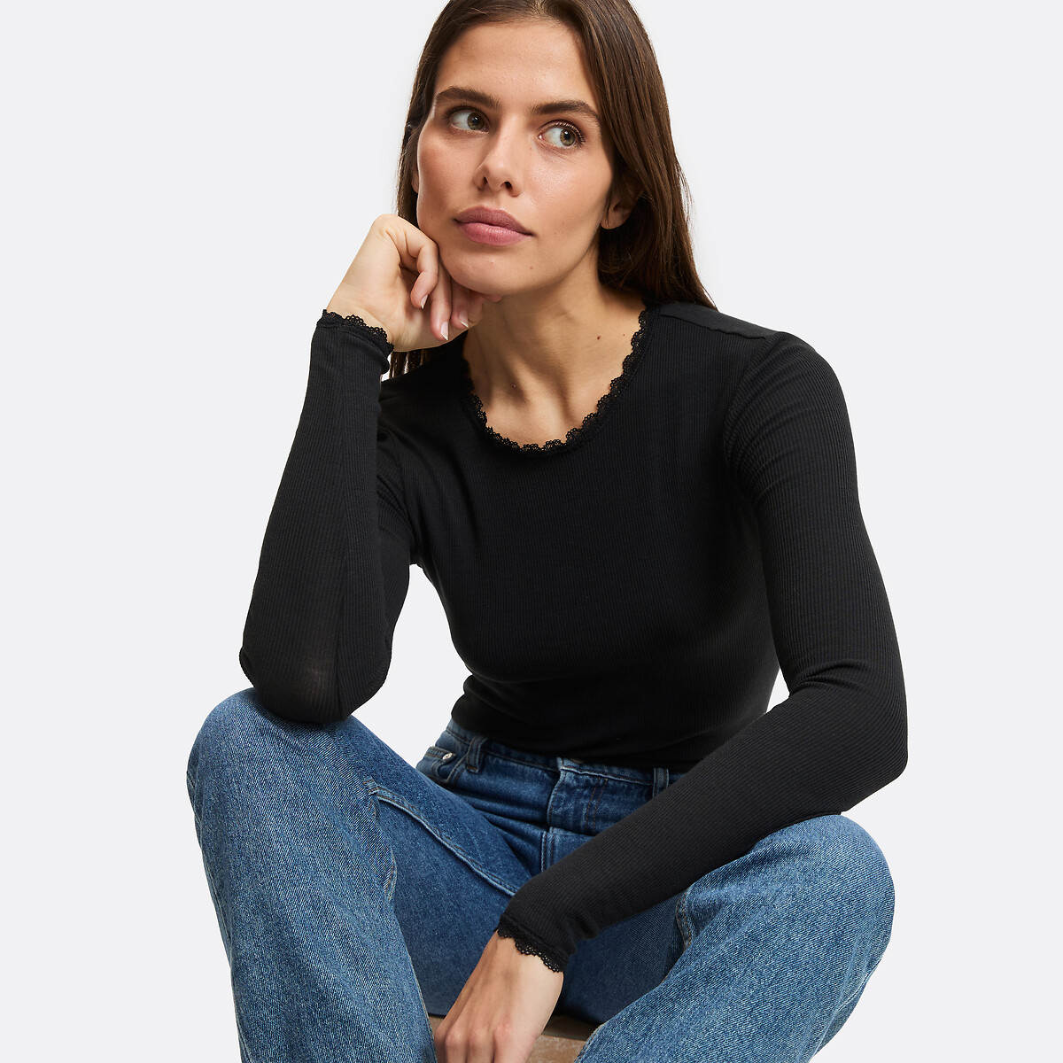 Slim Fit Crew Neck Lace Detail T-Shirt black, LA REDOUTE COLLECTIONS