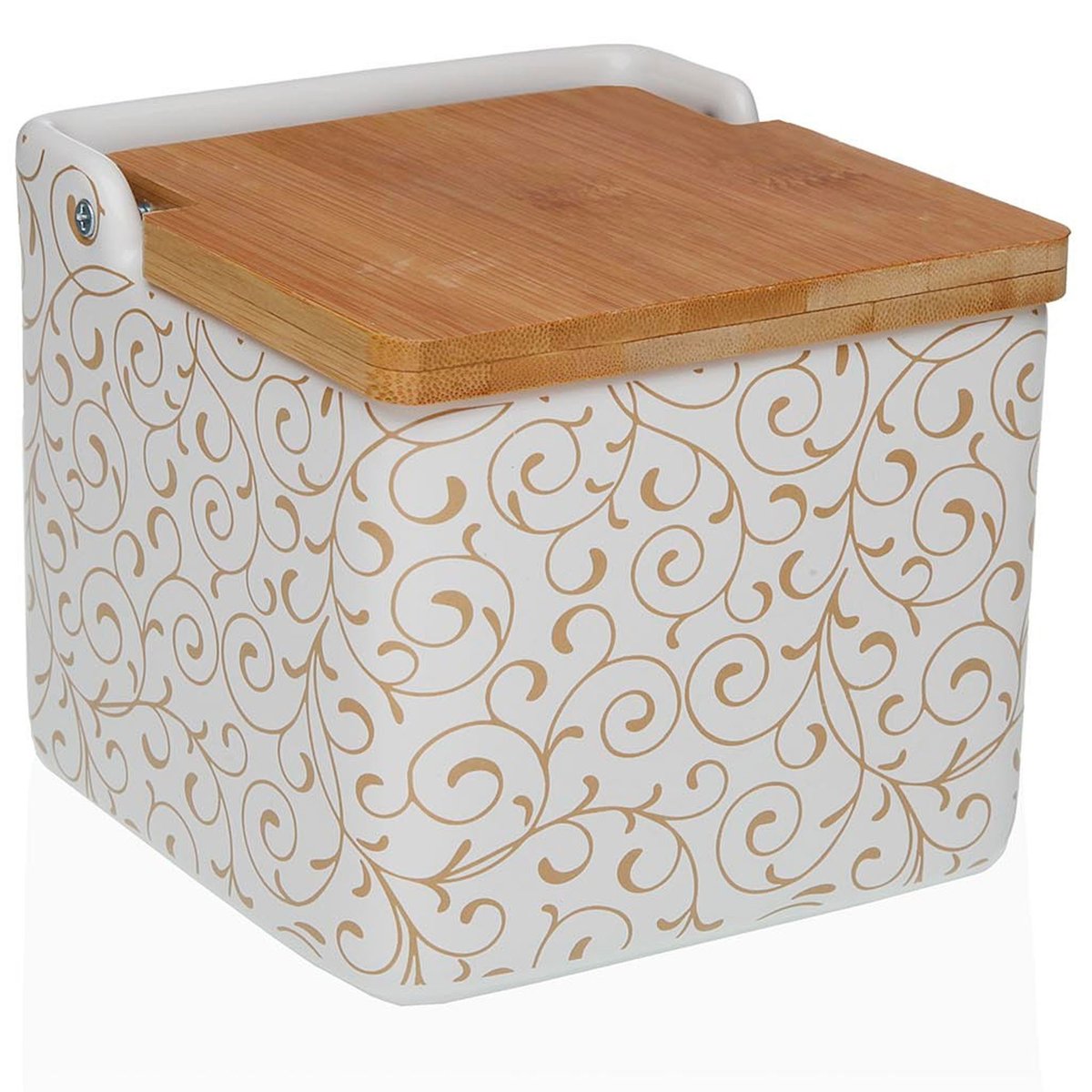 Pot à sel en céramique et couvercle bambou fleurs 12x12x11.5cm blanc, VERSA