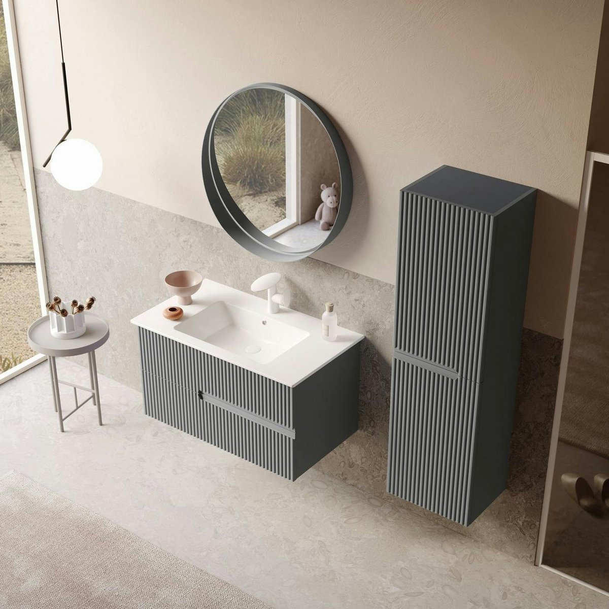 Meuble vasque 2 tiroirs rainurés 90 cm RIVIA gris, PIER IMPORT