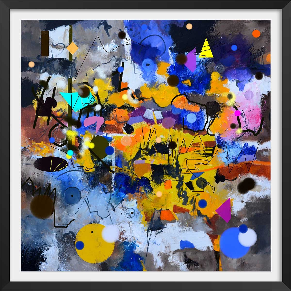 Affiche circle yellow blue affiche + cadre en bois - noir, HEXOA