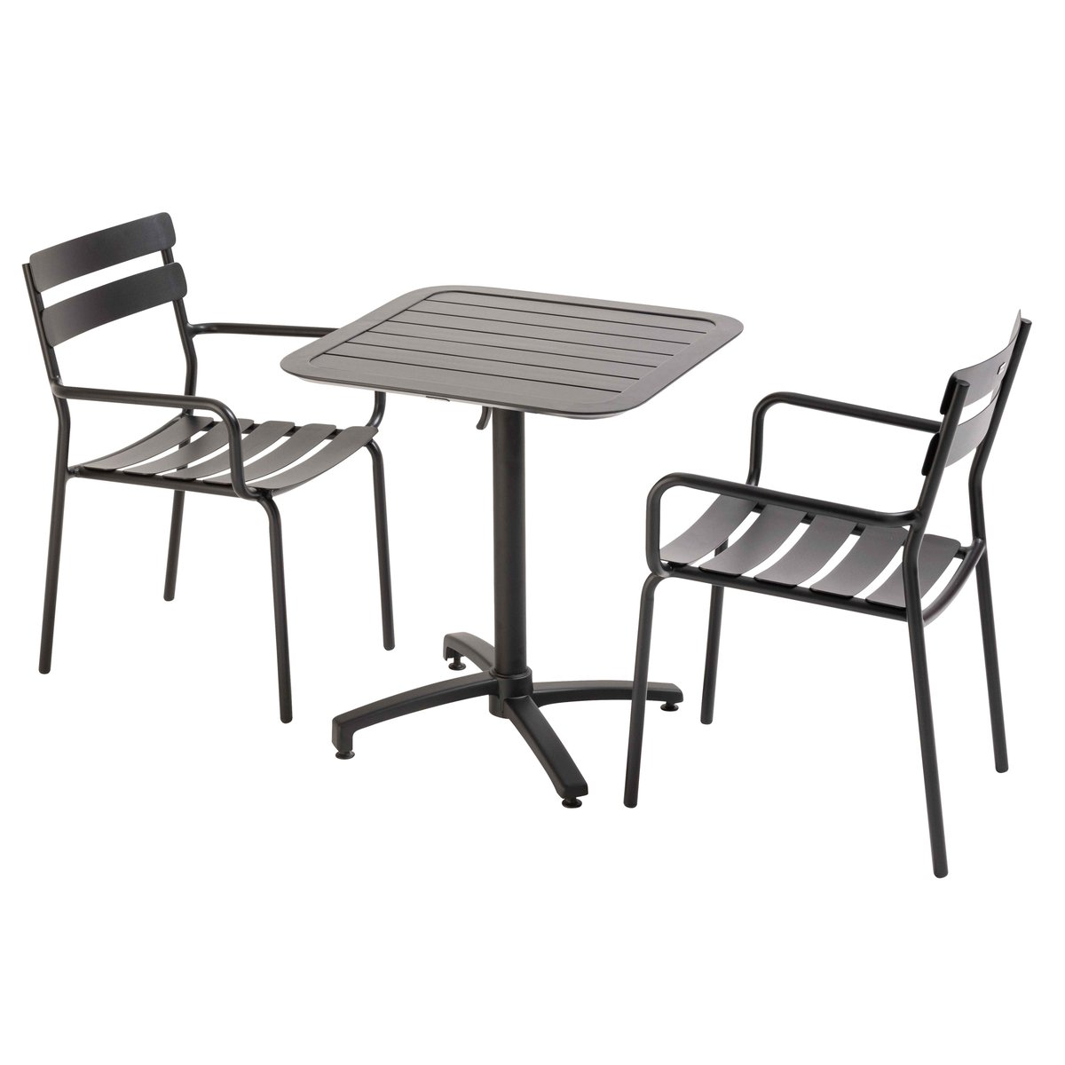 Table de terrasse 70x70 cm inclinable en aluminium et 2 chaises avec accoudoirs, ALMADA noir, OVIALA