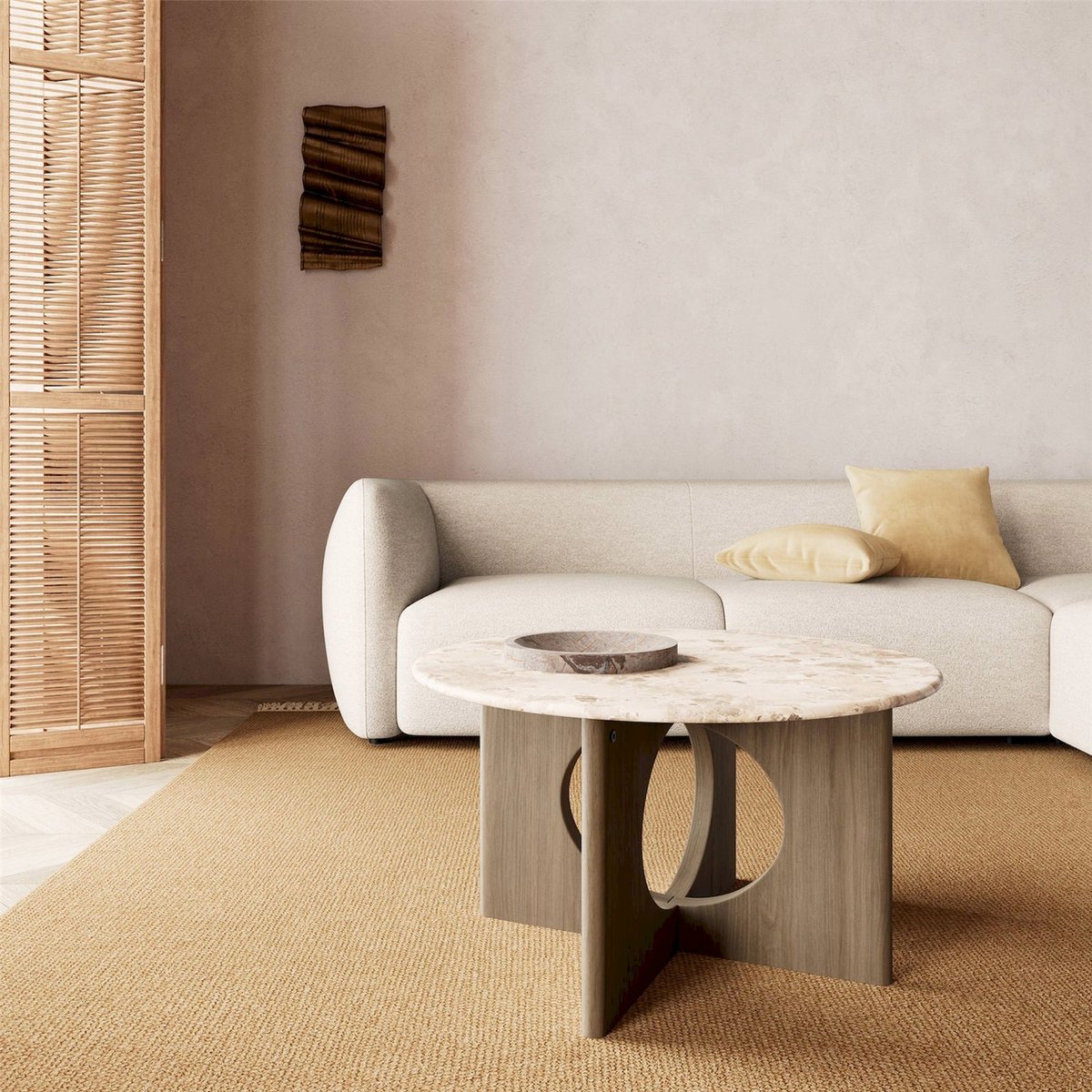 Table basse ronde en marbre DORSETT beige marbré et bois foncé, RECOLLECTION