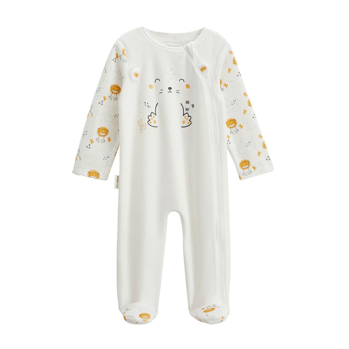 Pyjama bébé en velours ouverture zippée Elio ecru, PETIT BEGUIN