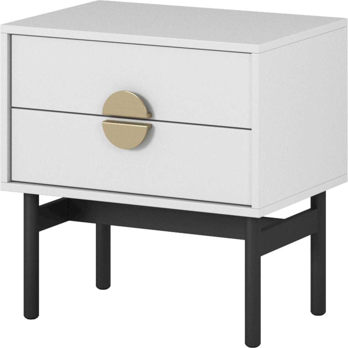 Table de chevet collection STOON blanc avec piètement noir et poignées dorées, RECOLLECTION