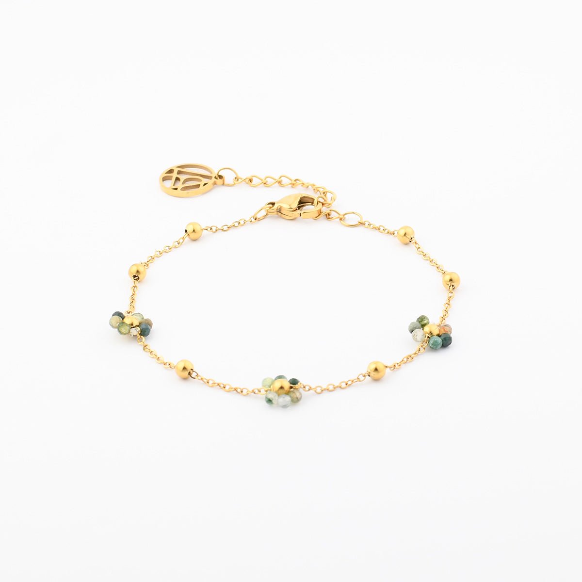 Bracelet chaine acier inoxydable et fleurs en pierre vert, BALABOOSTE