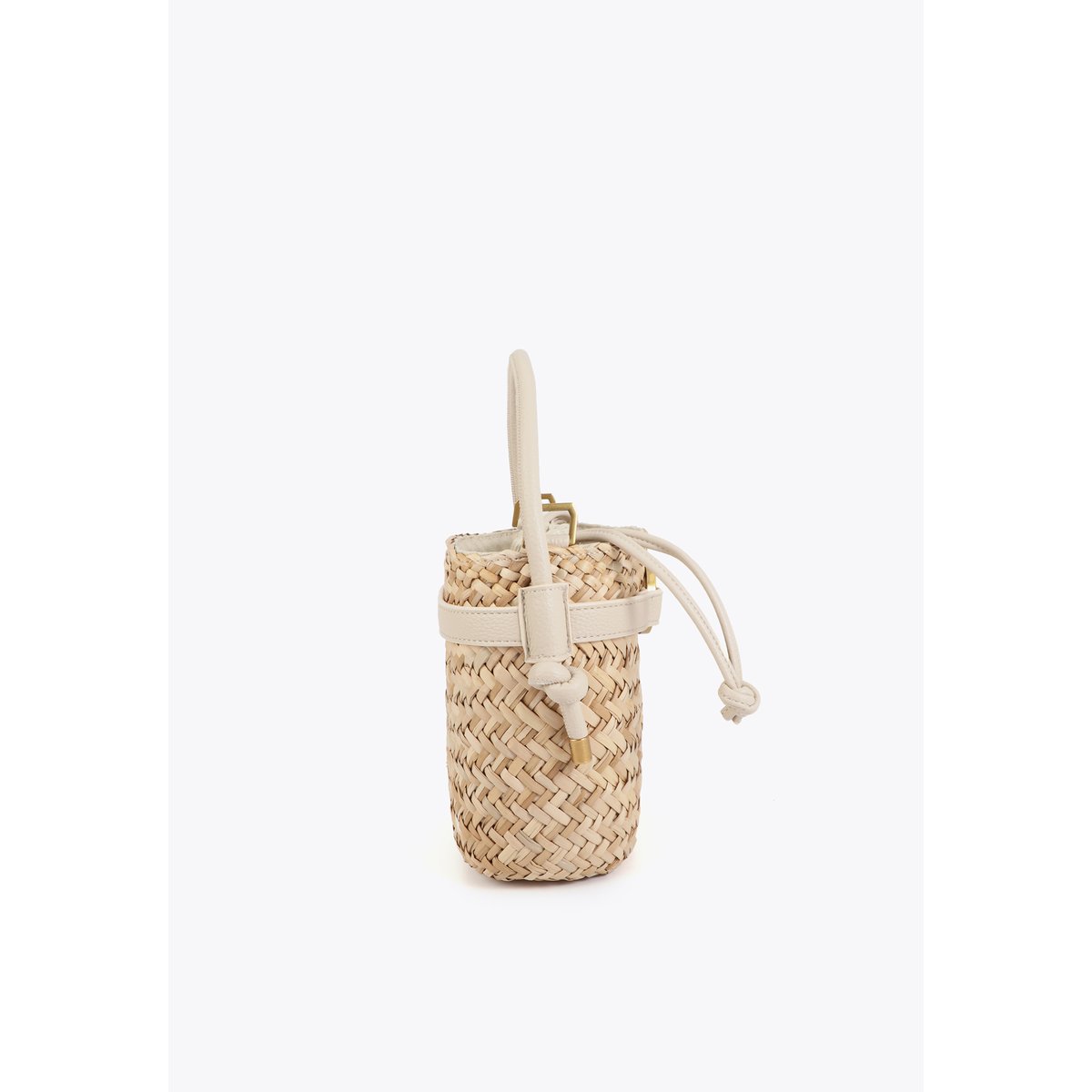 Mini panier tressé avec poignées et détails effet cuir ecru, LOLA CASADEMUNT