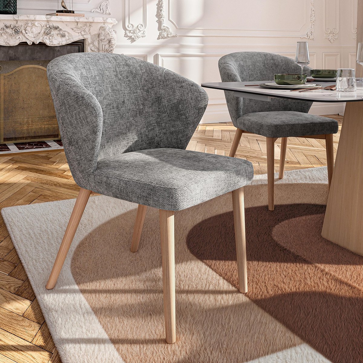 Lot de 2 chaises en tissu chenille et bois massif couleur chêne LURIS gris, HABITAT