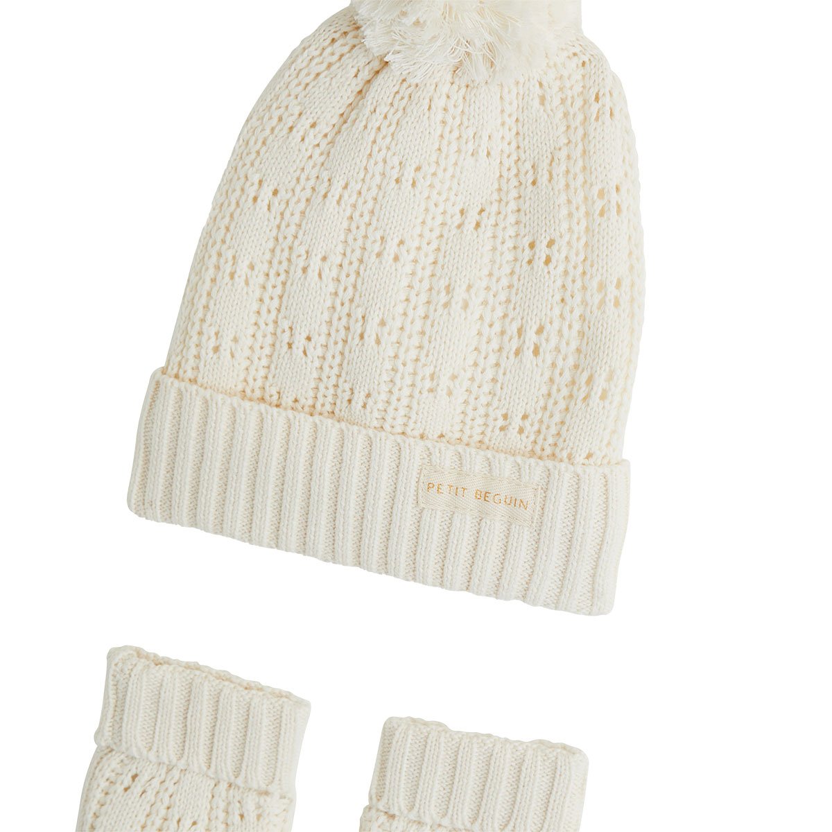 Bonnet bébé et moufles en tricot Elise ecru, PETIT BEGUIN