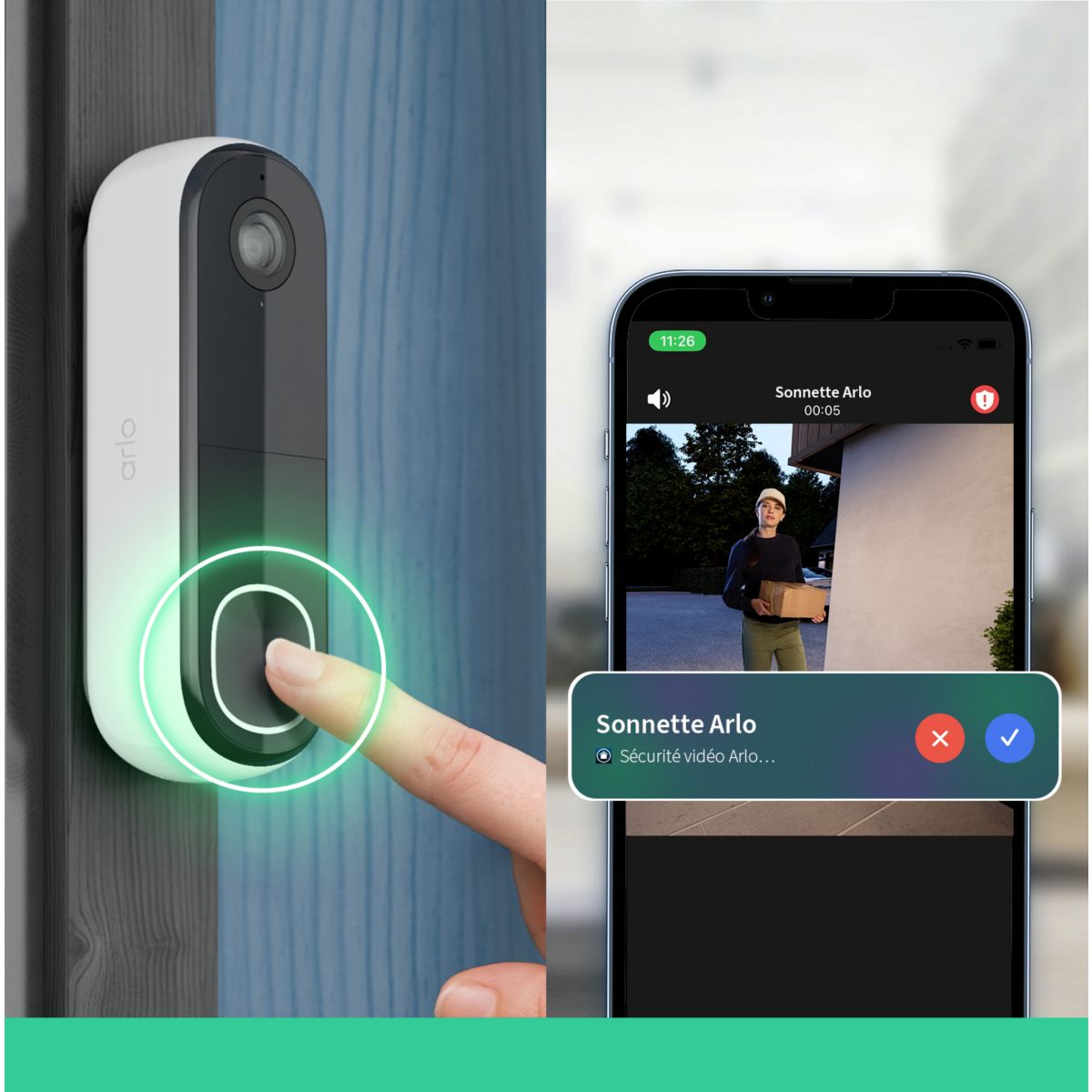 Sonnette connectée sans fil 2K couleur unique, ARLO