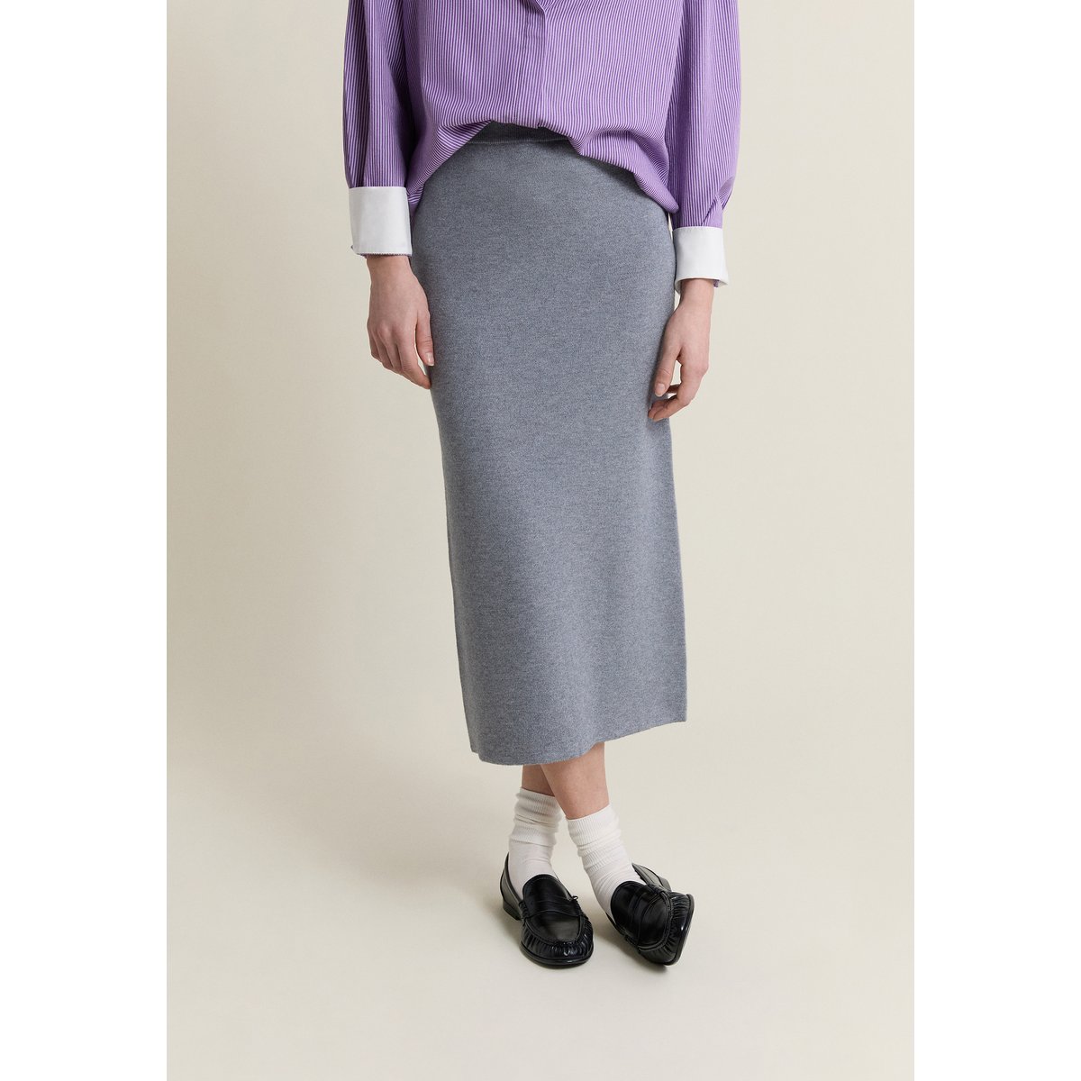 Jupe midi en tricot JEMILIE gris clair, ETAM