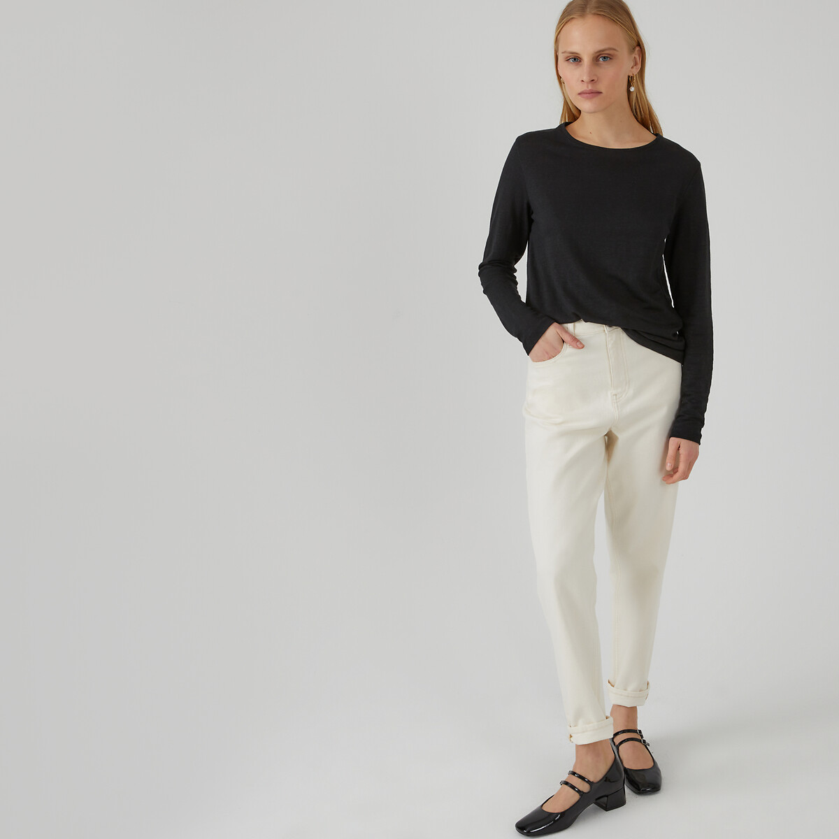 Pure Linen Crew Neck Long Sleeve T-Shirt black, LA REDOUTE COLLECTIONS