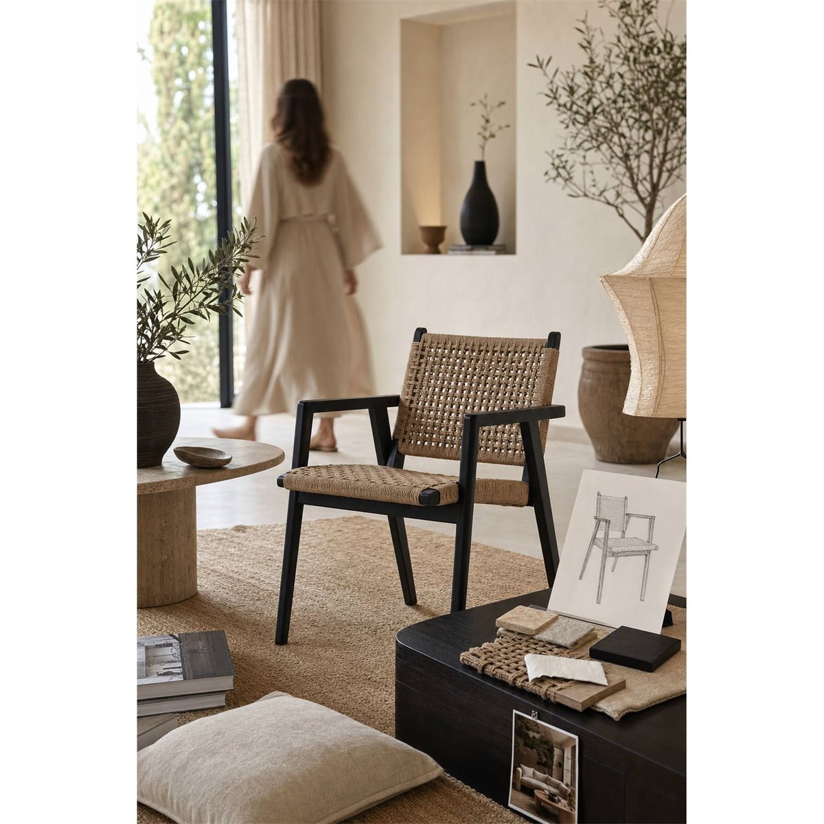 Chaise en teck et fibre tressée noir et naturel, RECOLLECTION