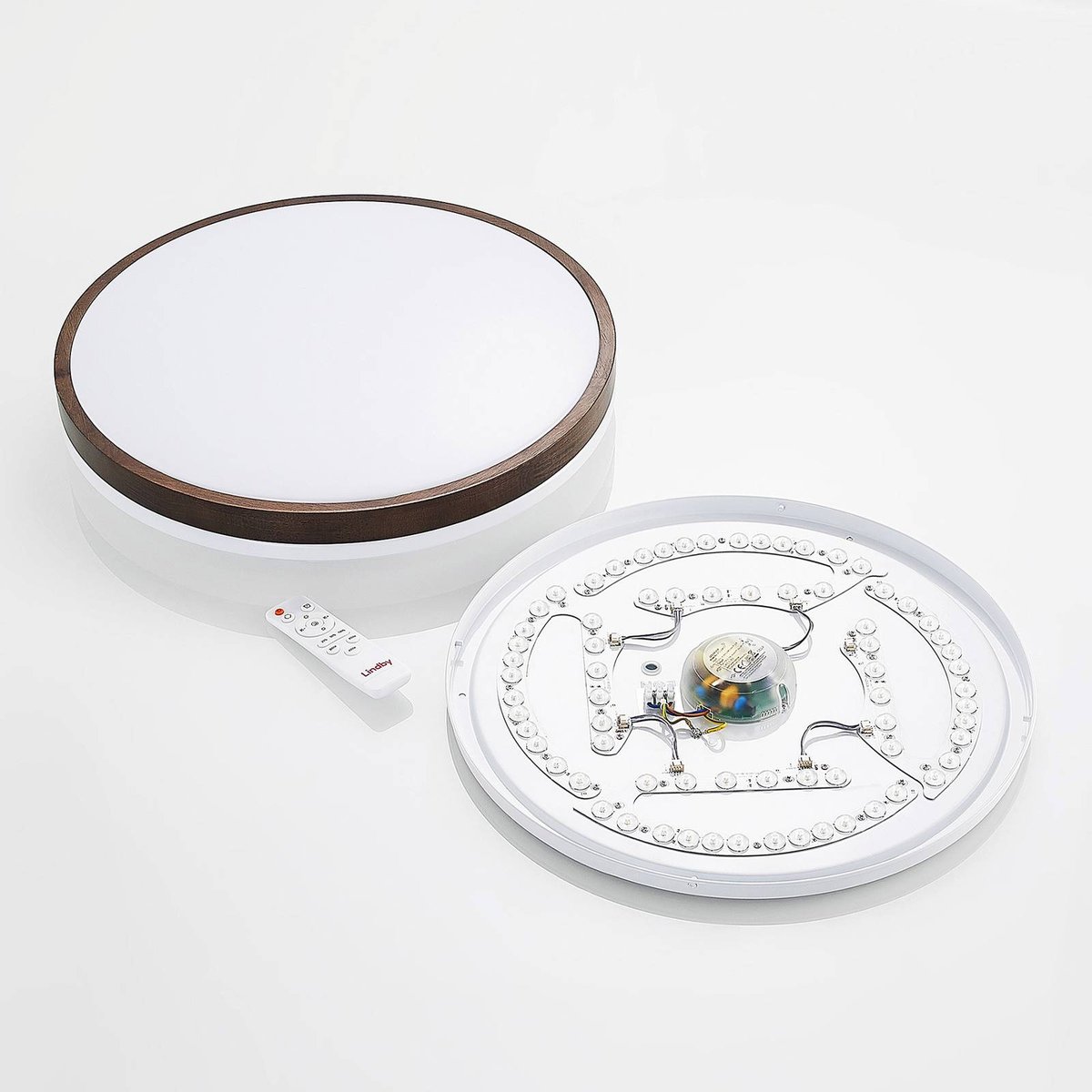 Plafonnier en bois moderneLED, Hudsona blanc, bois foncé, LINDBY