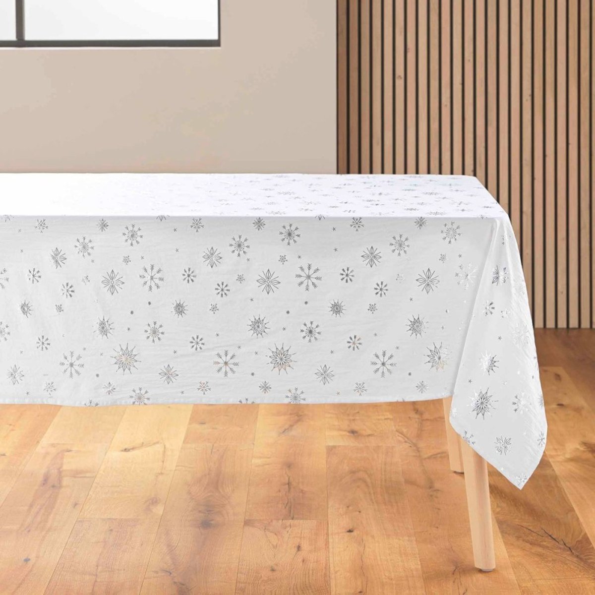 Nappe rectangulaire 140x240 imprimée flocons argentés blanc, DECORATIE