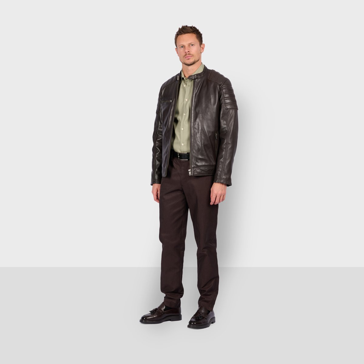 Veste en cuir zippé Col mao SHELBY marron, OAKWOOD
