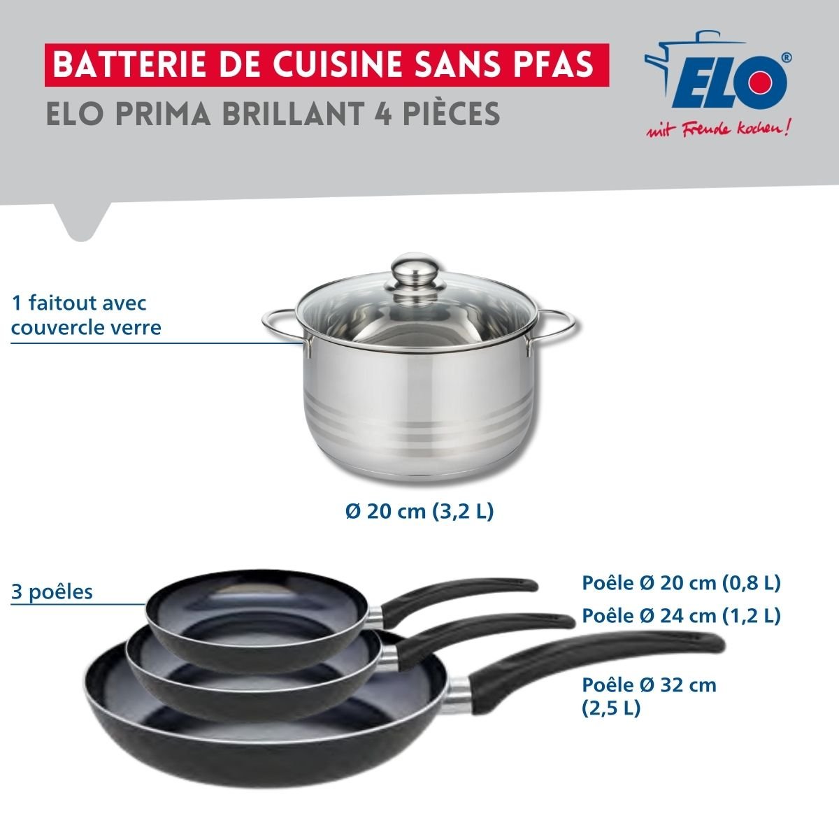 Batterie 3 poêles 20/24/32cm + 1 faitout 20cm PRIMA BRILLANT noir, ELO