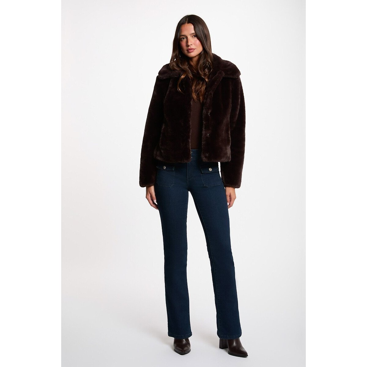 Veste courte en tissu duveteux café, MORGAN
