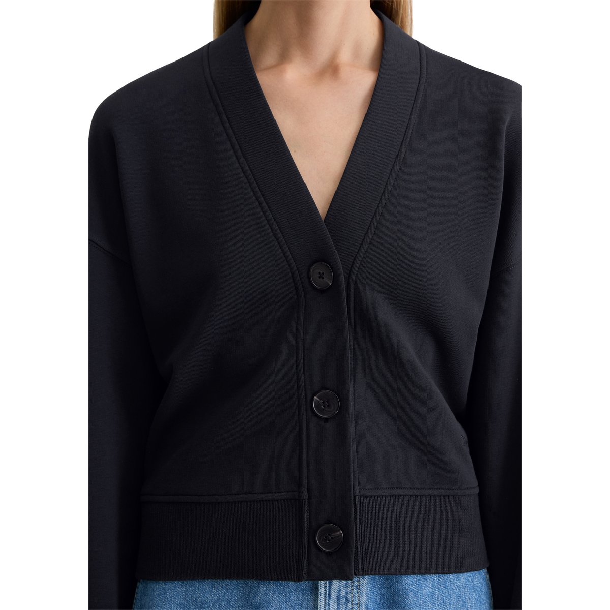 Sweat-Cardigan relaxed avec poignet en tricot côtelé bleu foncé, MARC O'POLO