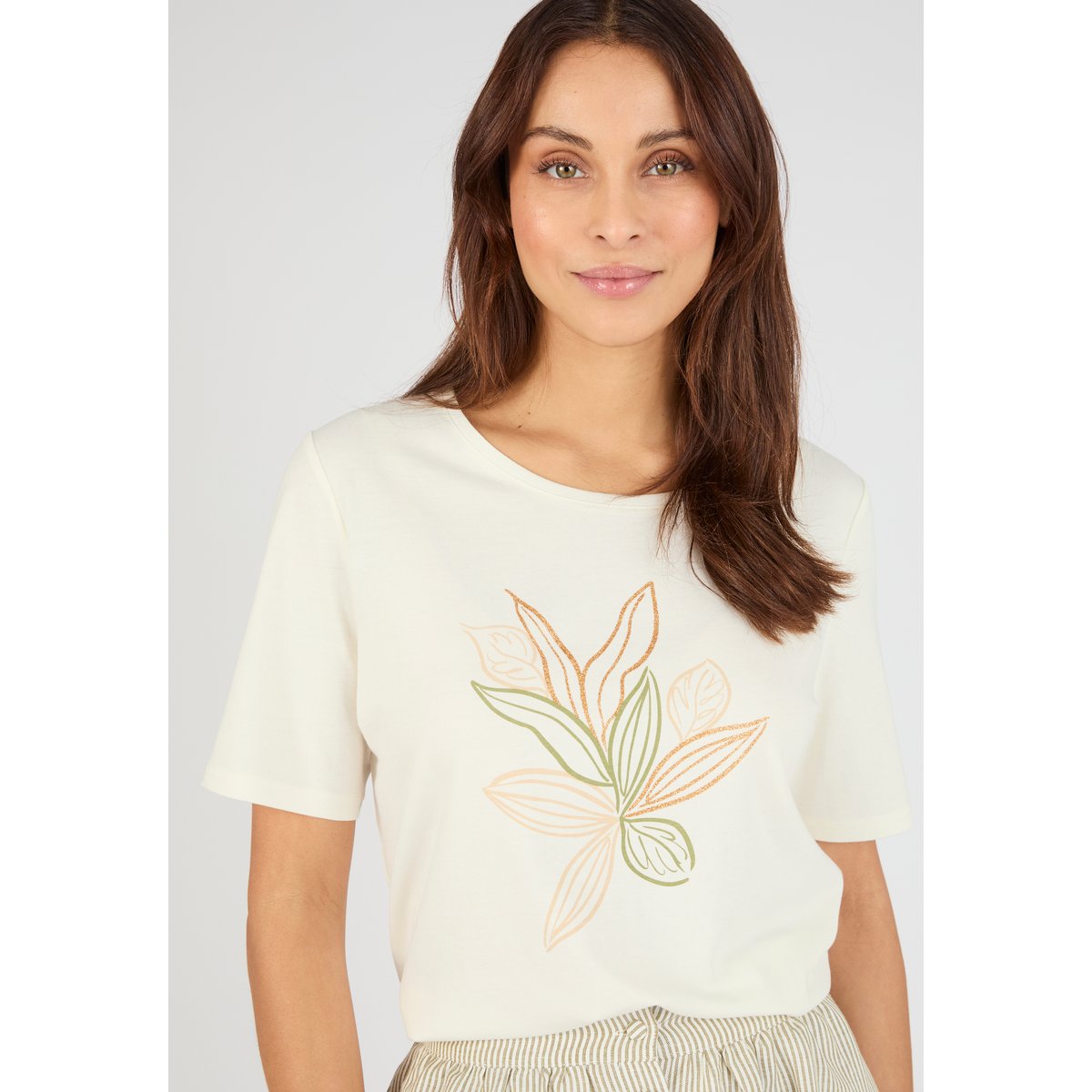 T-shirt maille jersey motif feuillage blanc cassé, DAMART