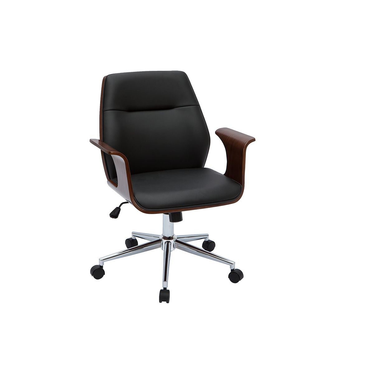 Chaise de bureau à roulettes design en tissu effet velours texturé gris, bois clair et acier chromé RUFIN noyer / noir, MILIBOO