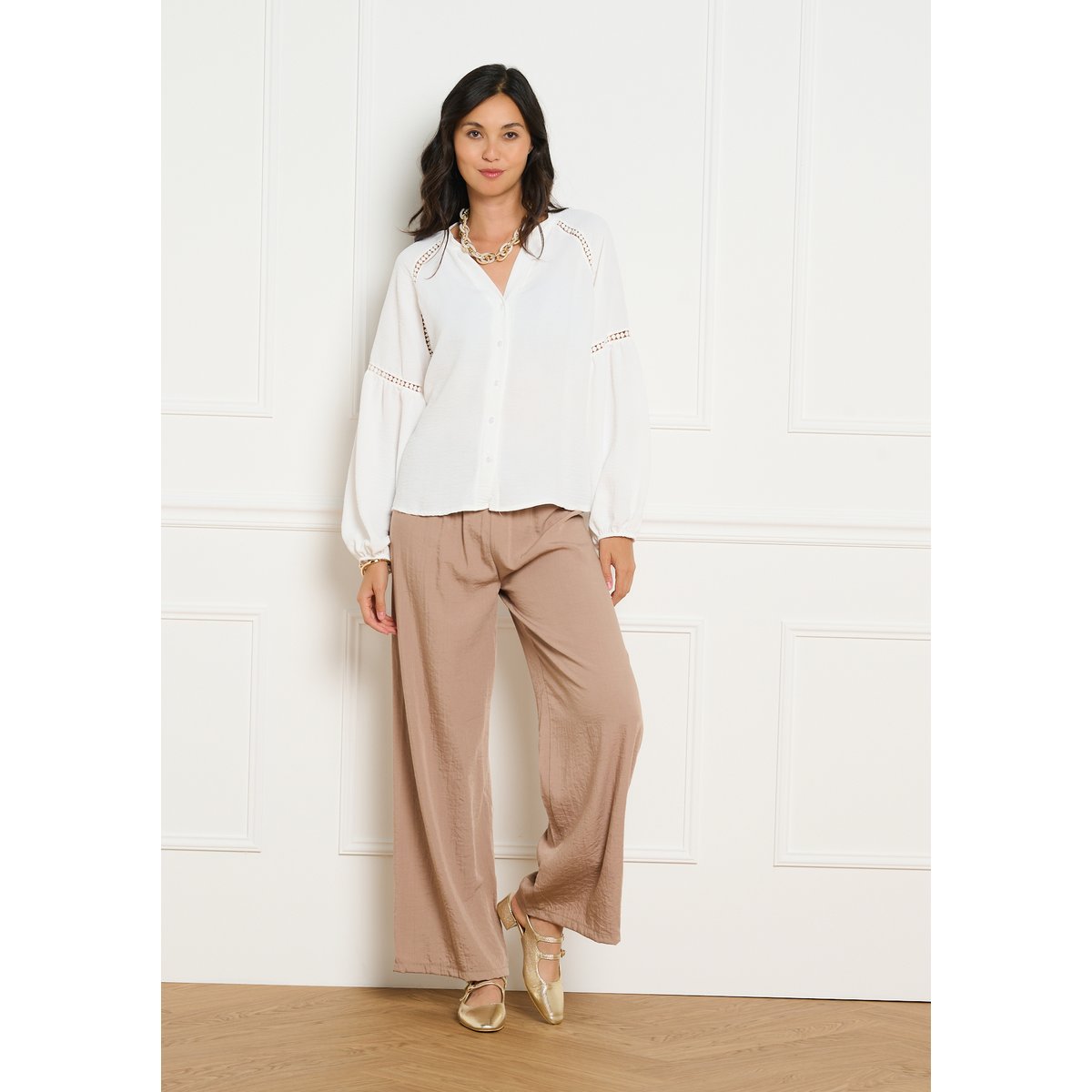 Blouse détails ajourés blanc casse, LOLALIZA