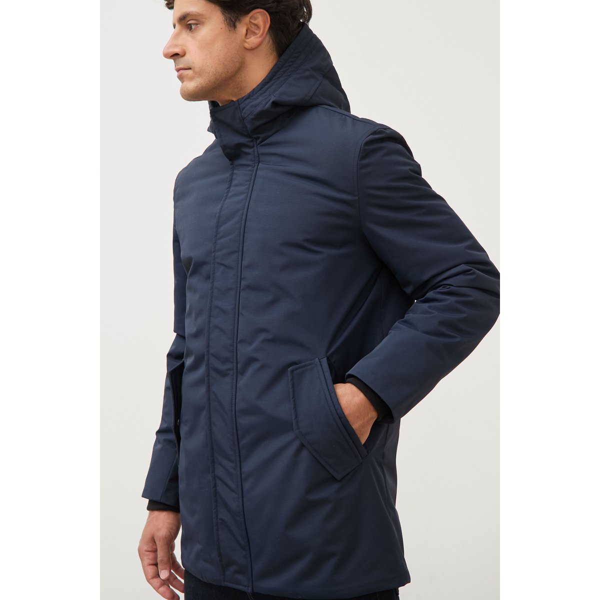 Parka longue droite à capuche bleu marine, BONOBO