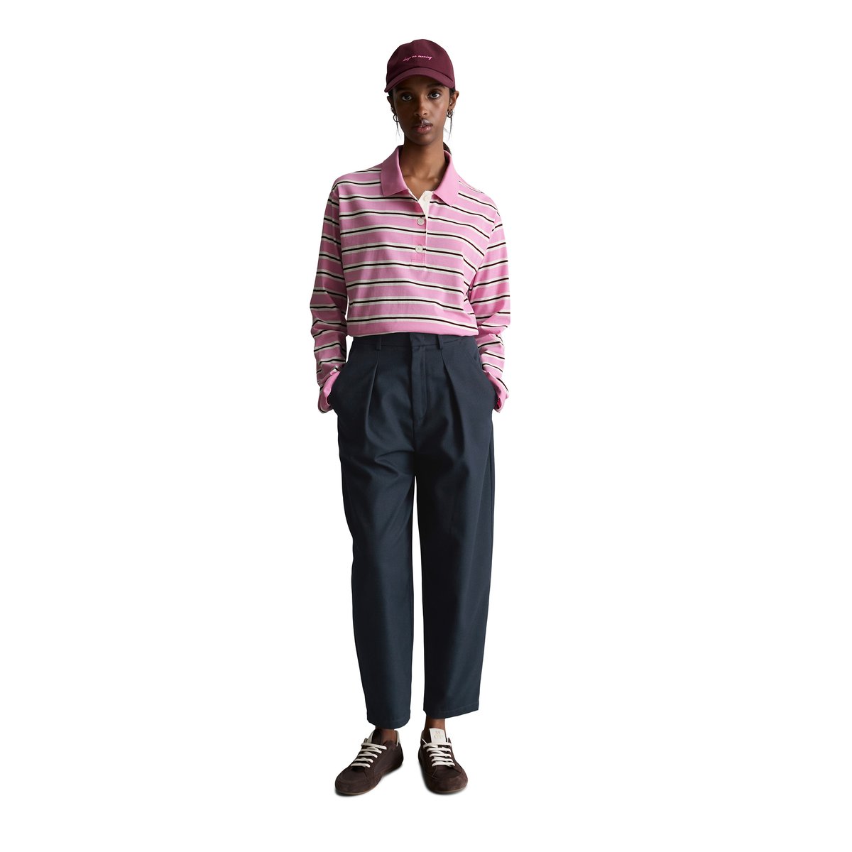 Polo à manches longues relaxed en single jersey rayé rose, MARC O’POLO DENIM