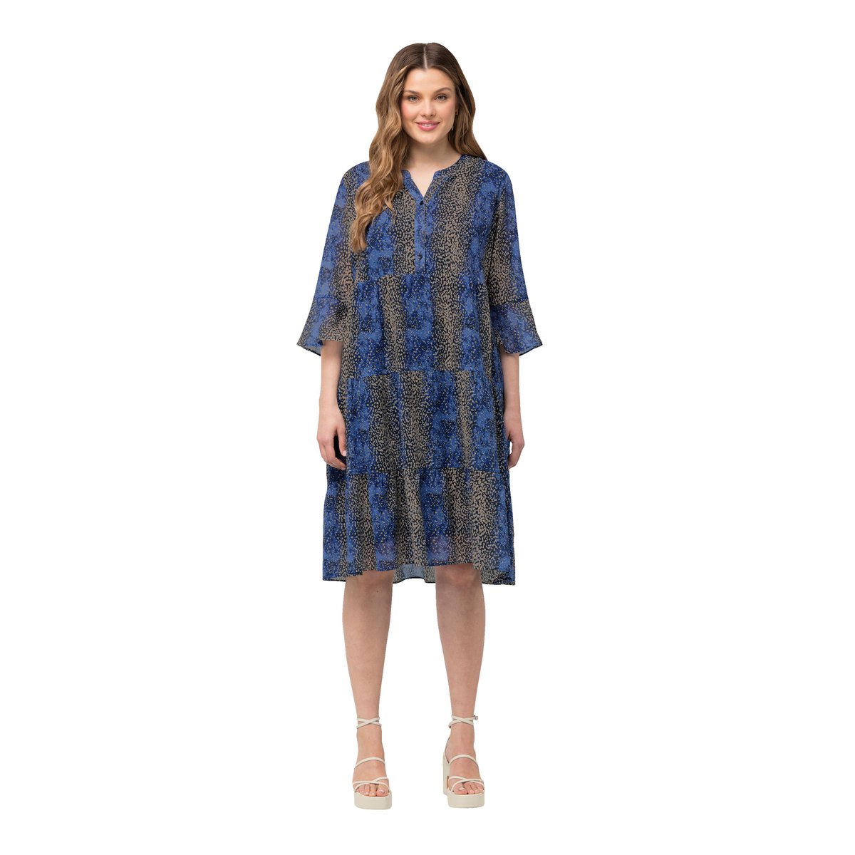 Robe midi à manches 3/4 volantées. marine, ULLA POPKEN