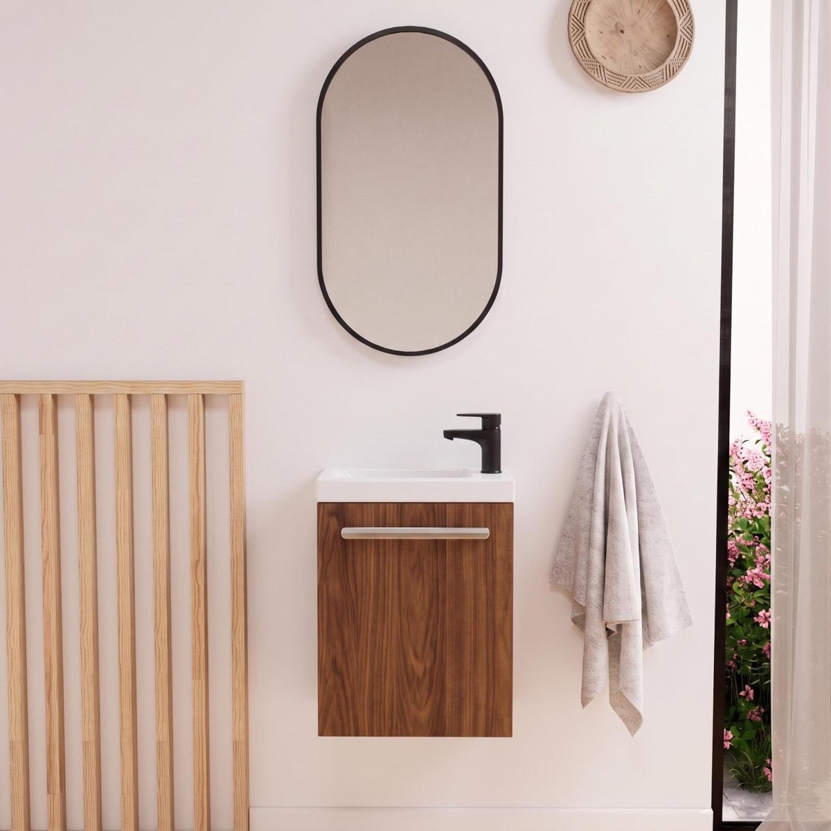 Ensemble lave-mains suspendu avec robinet noir et miroir ovale NEVADA décor noyer, MOB IN