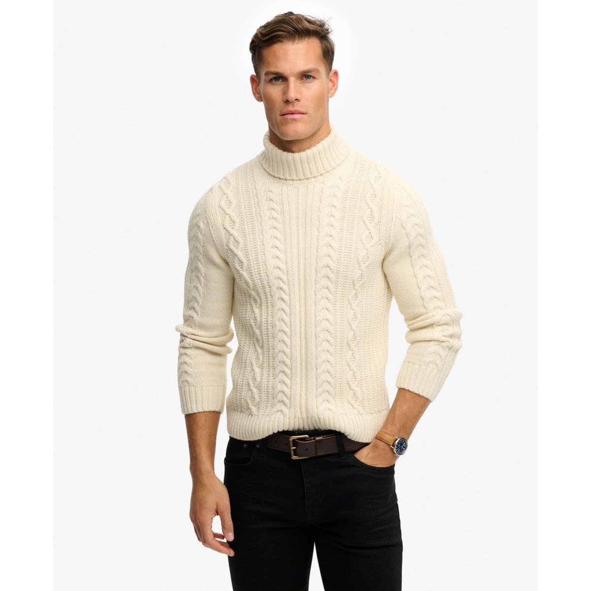 Pull torsadé à col roulé Jacob blanc hivernal, SUPERDRY