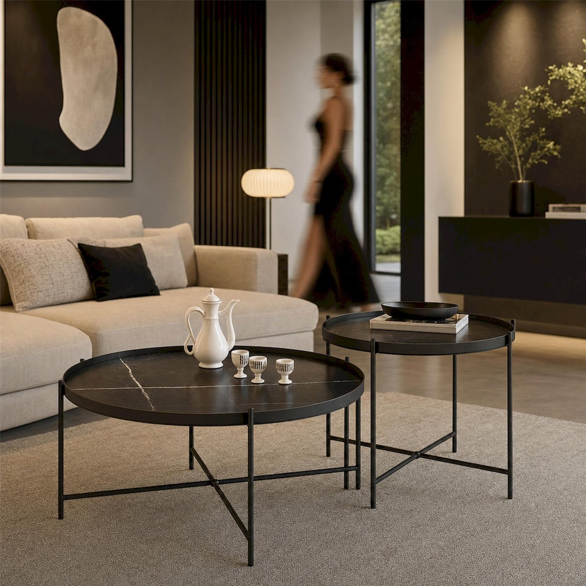Lot de 2 tables basses rondes SLIDAIN noir effet marbre, RECOLLECTION