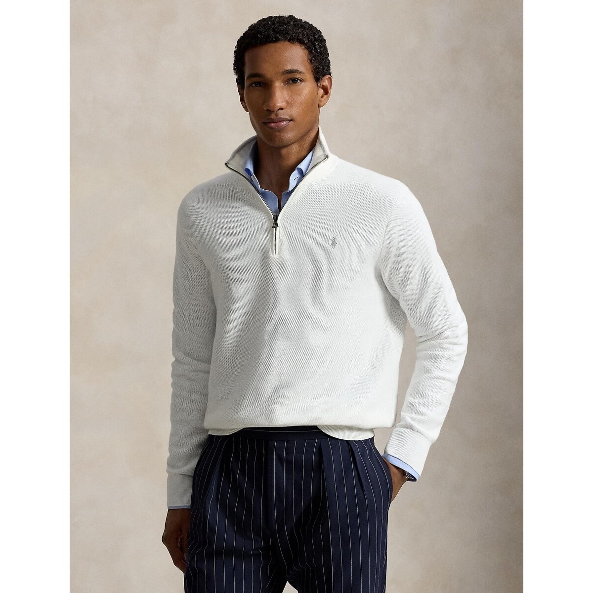 Camisola com meio fecho em piqué de algodão branco, POLO RALPH LAUREN