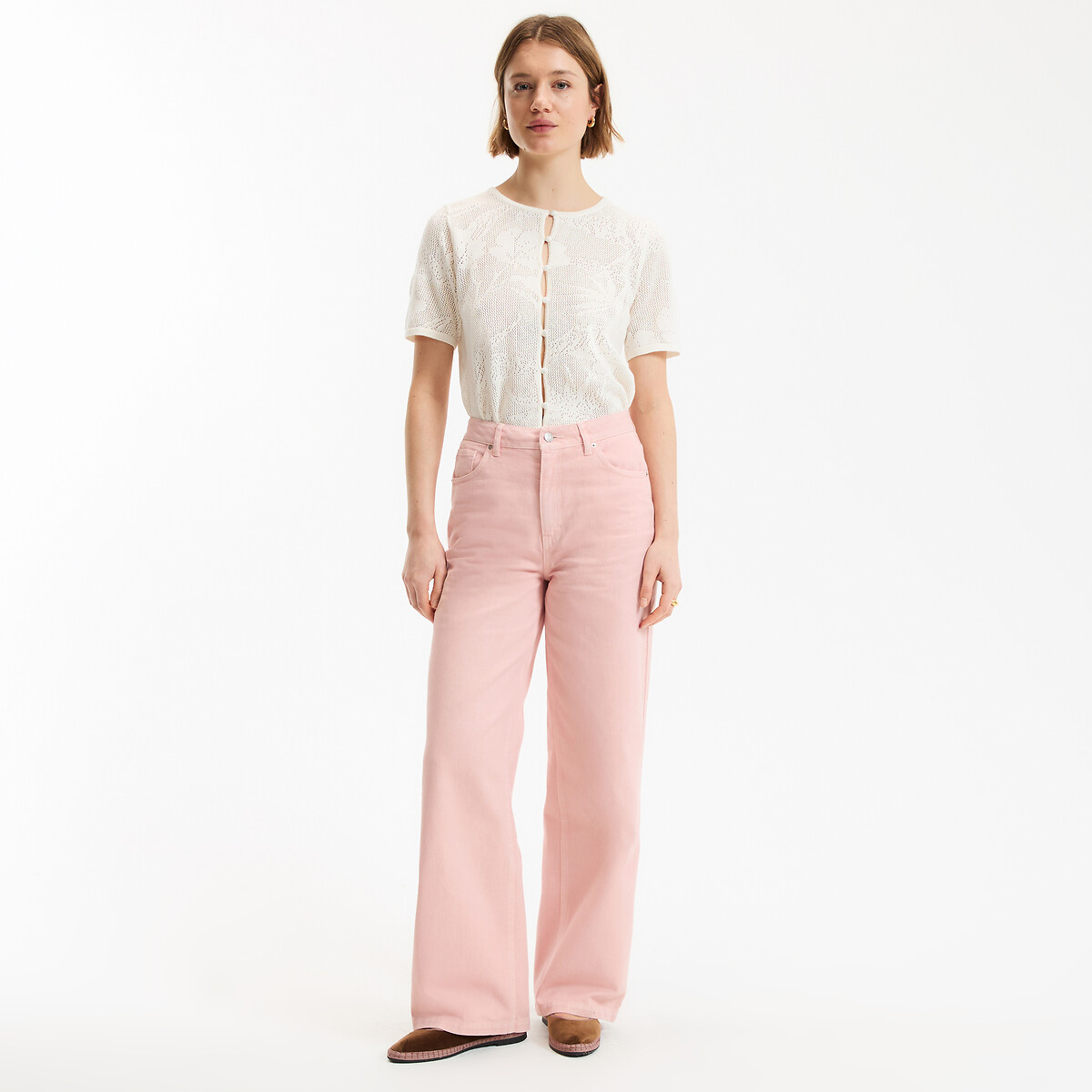 Pantalon large en coton rose pêche, LA REDOUTE COLLECTIONS
