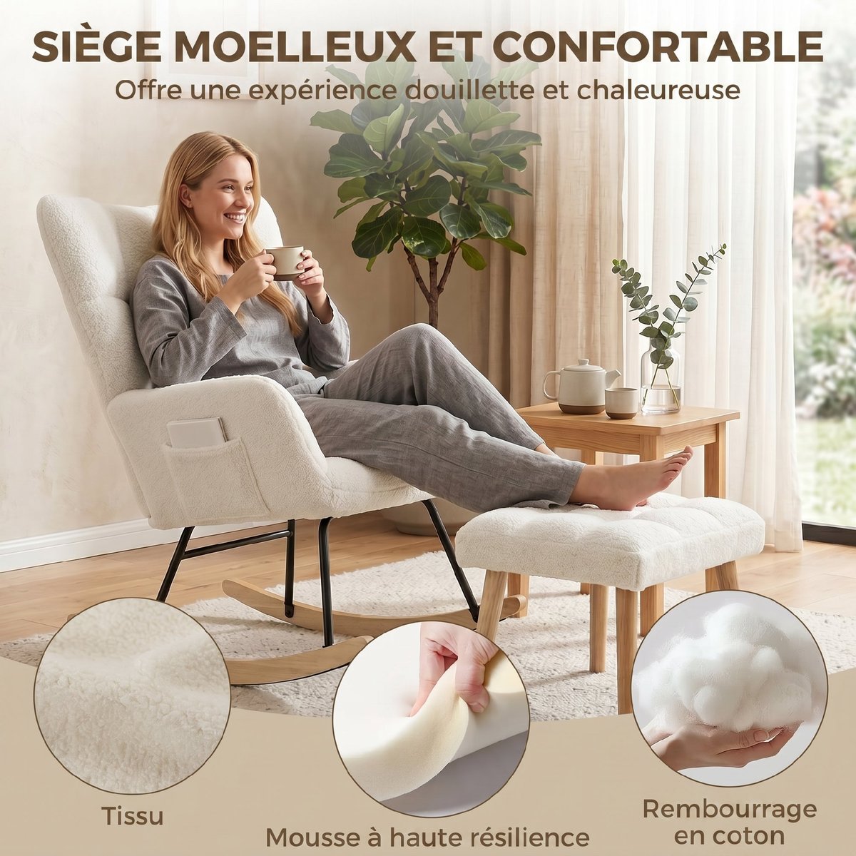 Fauteuil à bascule Tissu bouclette Crème crème, HOMCOM