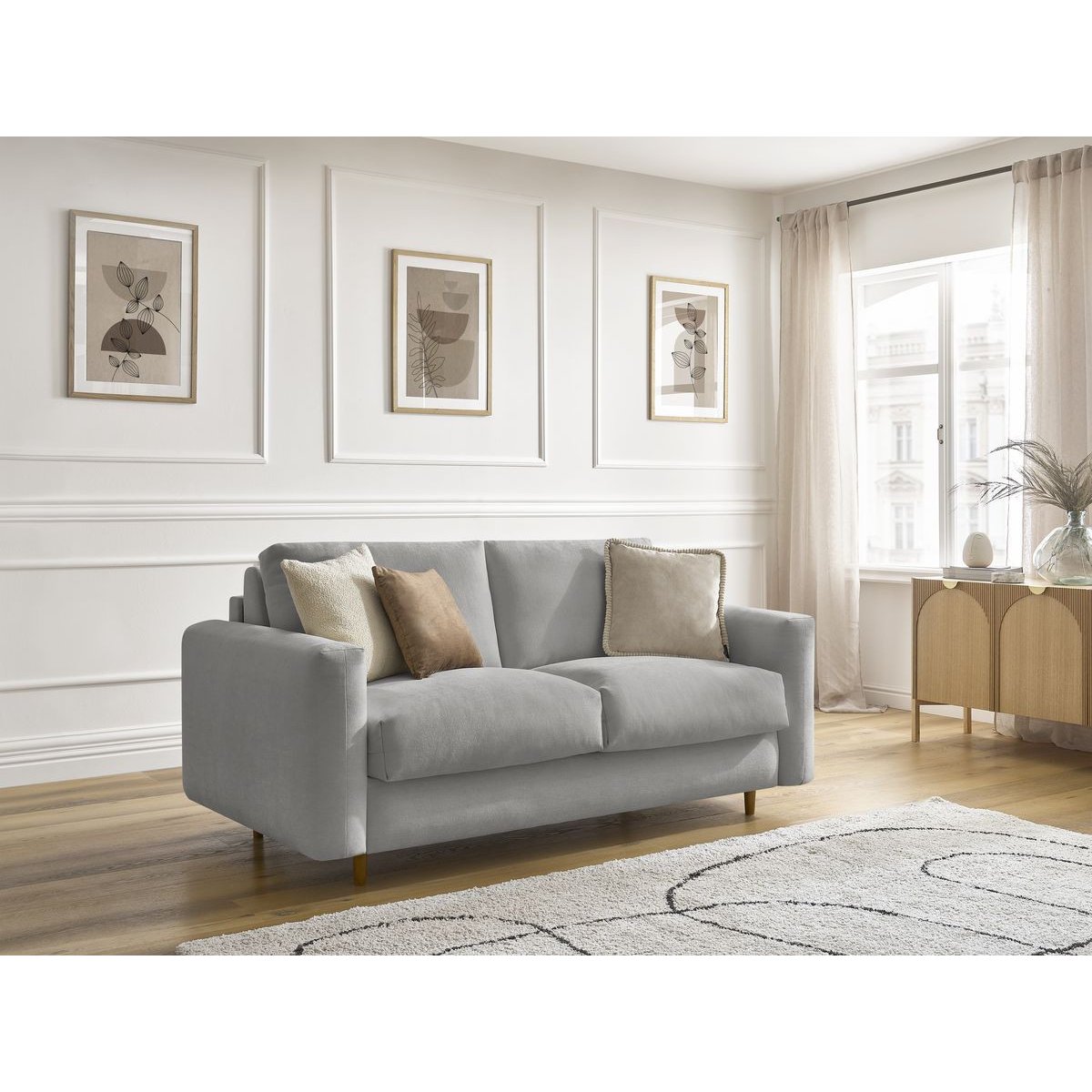 Canapé droit convertible 3 places en tissu lisse couchage 140x200 cm, COCOONE gris, BOBOCHIC