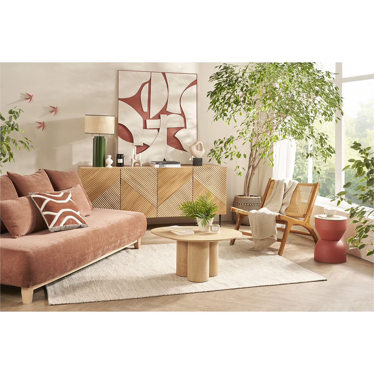 Canapé design 3 places en tissu effet velours texturé et bois clair L200 cm ODEON terra cotta, MILIBOO