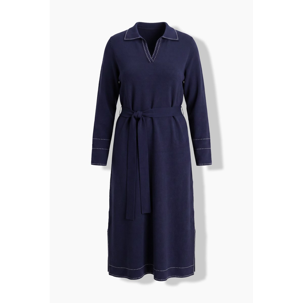 Robe maxi en maille, col chemise marine, ULLA POPKEN