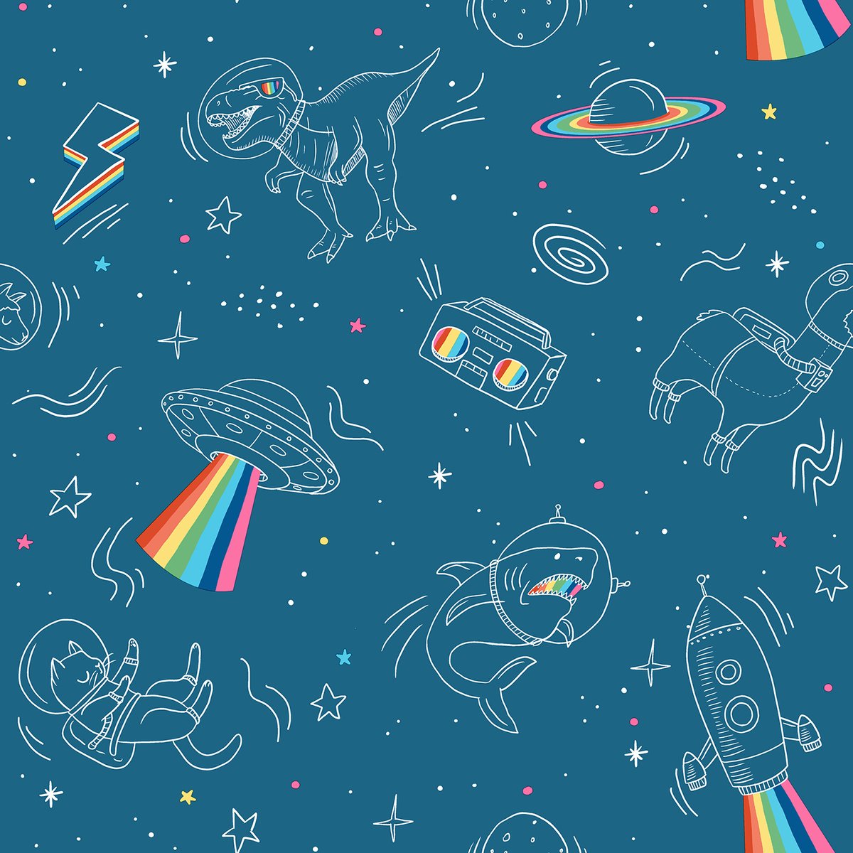 Papier peint enfant espace dinosaures fond bleu bleu, HEXOA