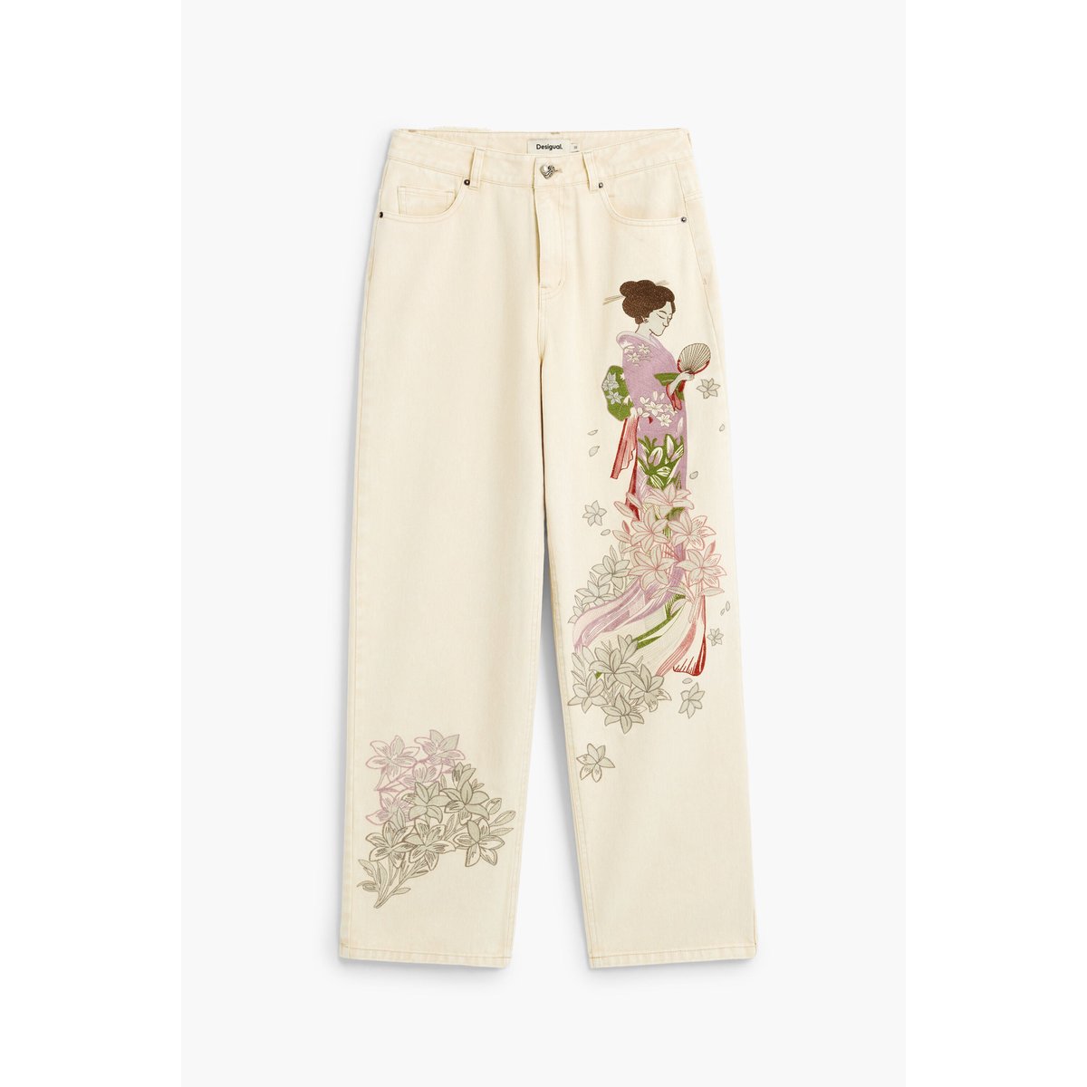 Pantalon en jean balloon brodé beige, DESIGUAL