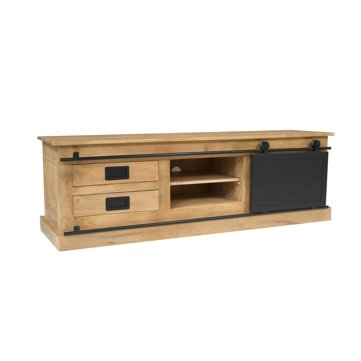 Meuble TV bois métal style atelier à porte coulissante CAMDEN bois naturel, PIER IMPORT